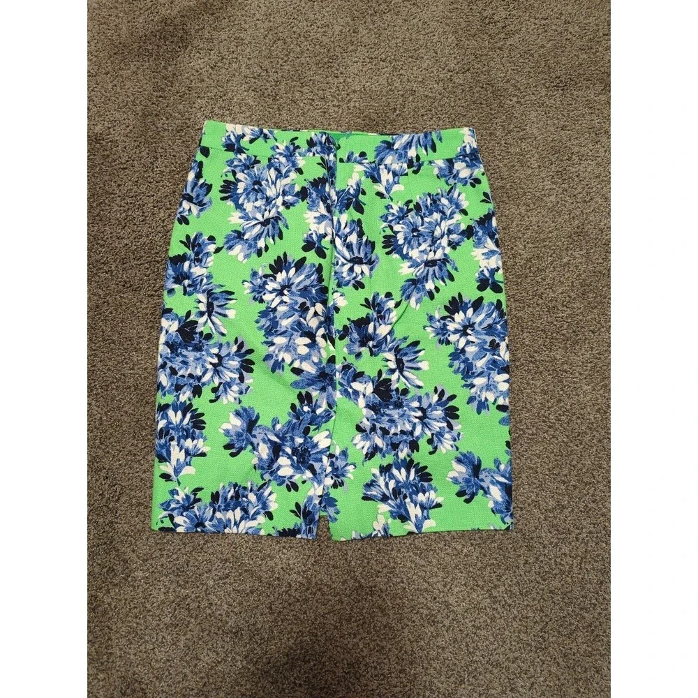 J. Crew Size 2 Green Pencil Skirt‎ with Blue Floral Print